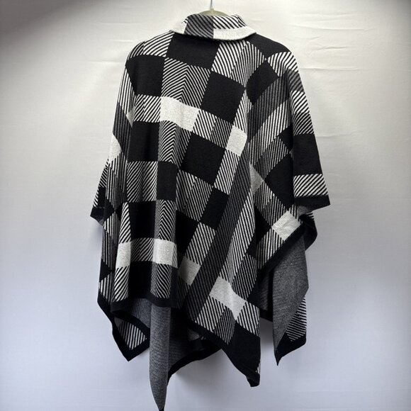 Chicos Sweater Knit Poncho Cardigan One Size Black White Plaid Knit Kimono Arms - Picture 3 of 8